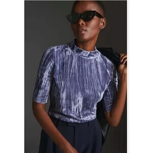 Anthropologie Pilcro Velveteen Mock-Neck Top Slate Blue Womens Sz M Velvet